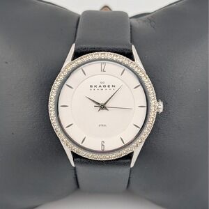 Skagen Denmark Crystal Bezel White Dial Black Leather Strap Watch 347SSLP